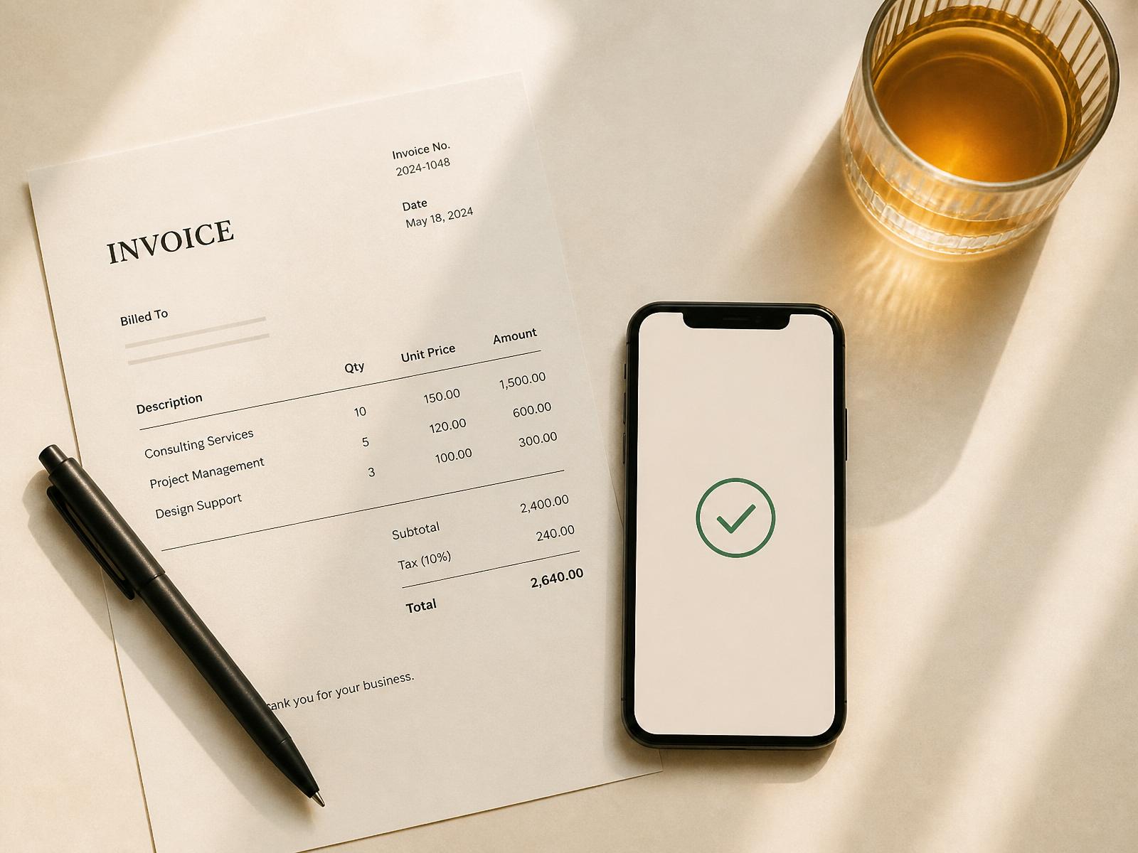 An invoice, pen and phone showing payment confirmation